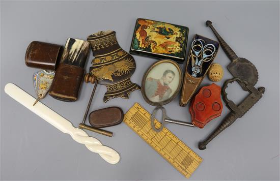 A box of assorted curios including a Russian papier mache box, a Roman nail and four pairs of antique scissors